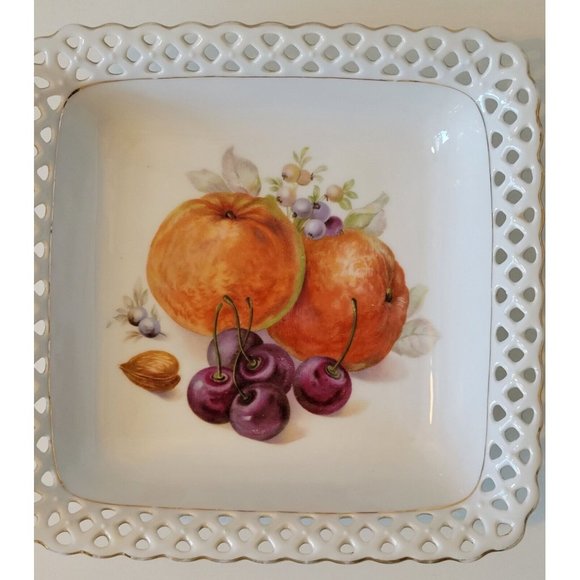 Vintage Schumann Porcelain Fruit Square Pierced Rim Bowl Schumann Bavaria - Picture 2 of 9